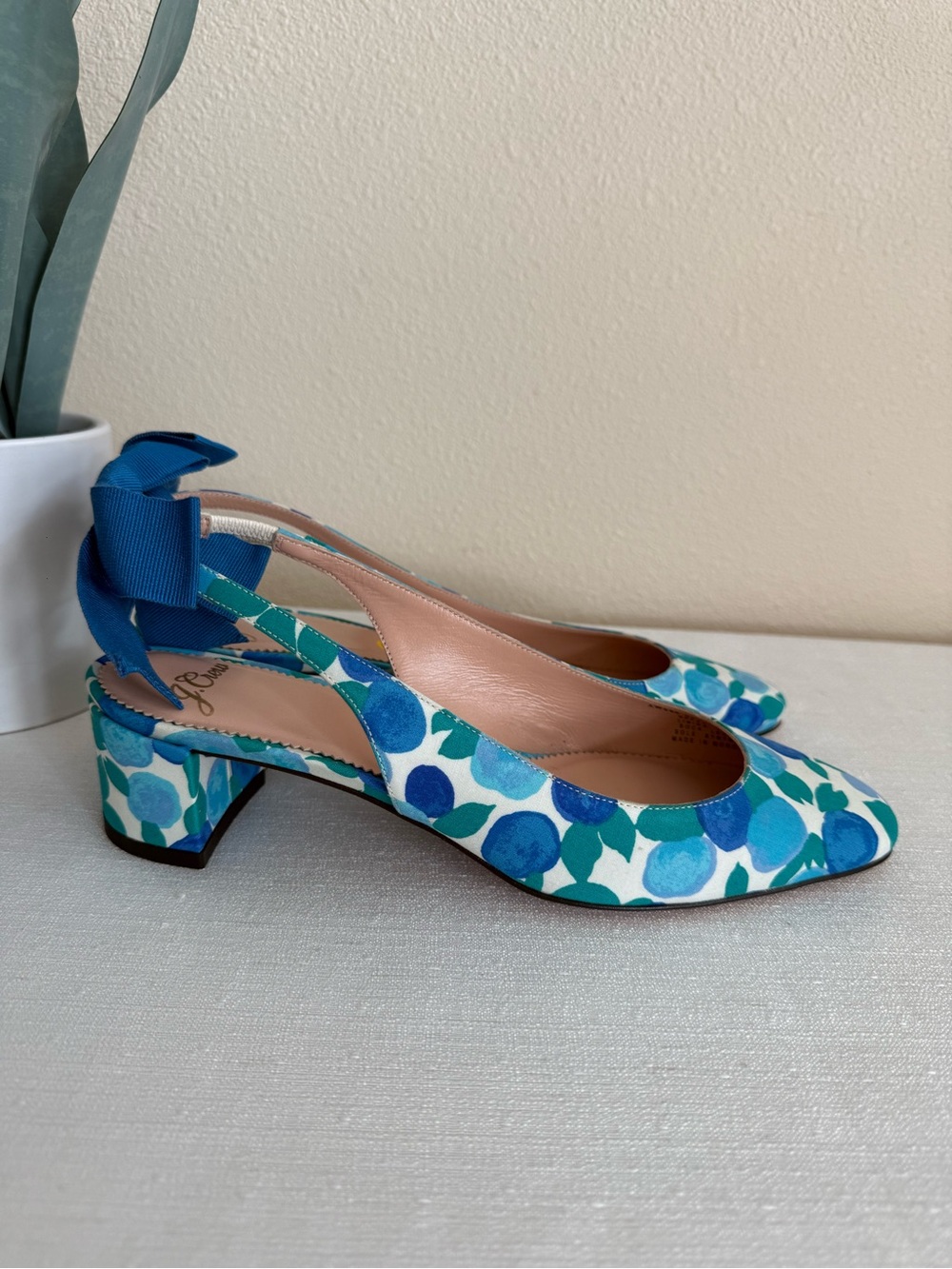 New J. Crew Blue Floral Textile/Leather Slingback Block Heel Pumps